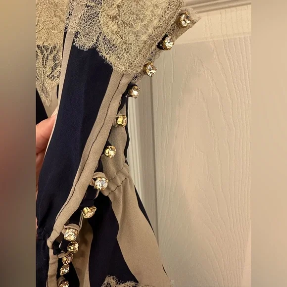 Rosamosario 100% Silk Bodysuit Playsuit Navy Cream Stripes Champagne Lace Silk - Picture 7 of 17